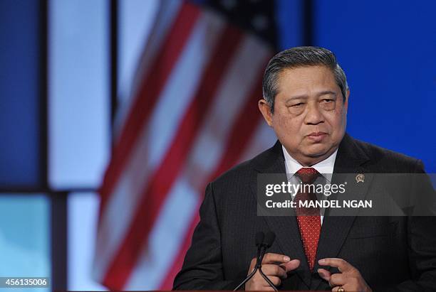 Indonesia's President Susilo Bambang Yudhoyono speaks on security and conflict resolution at George Washington University on September 26, 2014 in...