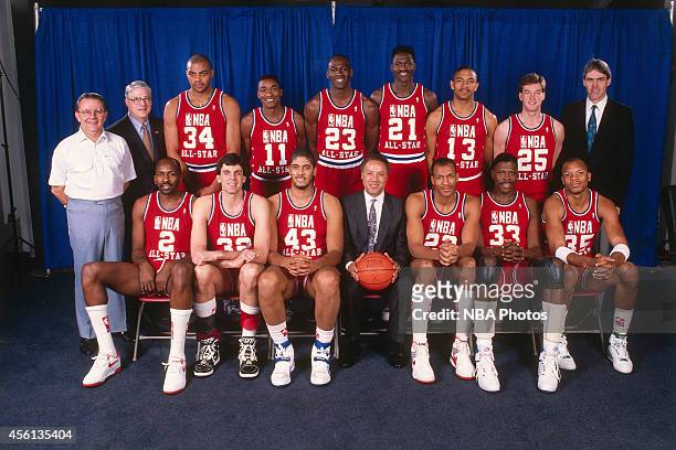 Top row: Charles Barkley, Isiah Thomas, Michael Jordan, Dominique Wilkins, Mark Jackson, Mark Price, bottom row: Moses Malone, Kevin McHale, Brad...