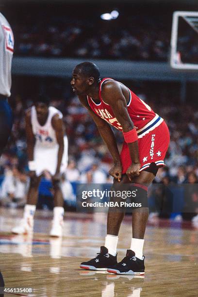 Michael Jordan of the Eastern Conference All-Stars on the court during the 1989 NBA All-Star Game at the Houston Astrodome on February 12, 1989 in...