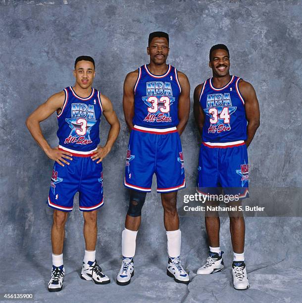 Eastern Conference all-stars John Starks, Patrick Ewing and Charles Oakley of the New York Knicks pose for a portrait during the 1994 NBA All-Star...