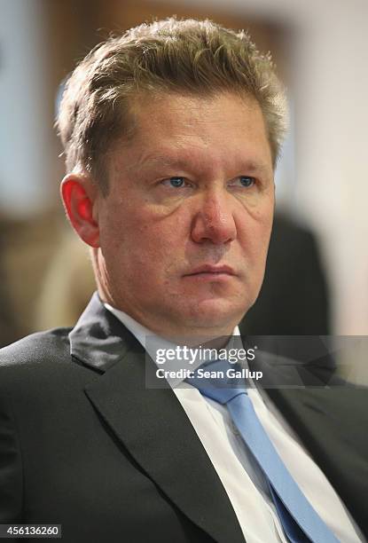 Gazprom CEO Alexei Miller attends press conferences following talks between Ukrainian Energy Minister Yuriy Prodan, Russian Energy Minister Alexander...