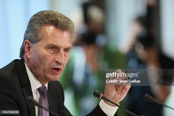 European Union Energy Commissioner Guenther Oettinger speaks at a press conference following talks with Russian Energy Minister Alexander Novak and...