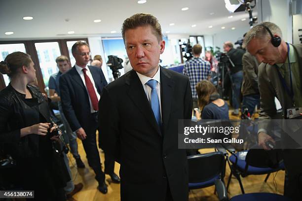 Gazprom CEO Alexei Miller departs after attending press conferences following talks between Ukrainian Energy Minister Yuriy Prodan, Russian Energy...