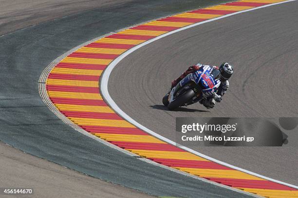 Jorge Lorenzo of Spain and Movistar Yamaha MotoGP rounds the bend during the MotoGP of Spain - Free Practice at Motorland Aragon Circuit on September...