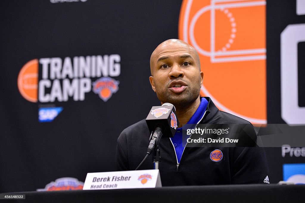 The New York Knicks Host Press Conference with Head Coach Derek Fisher, Team President Phil Jackson and Team General Manager Steve Mills