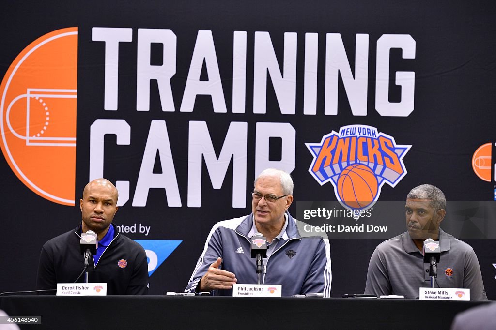 The New York Knicks Host Press Conference with Head Coach Derek Fisher, Team President Phil Jackson and Team General Manager Steve Mills