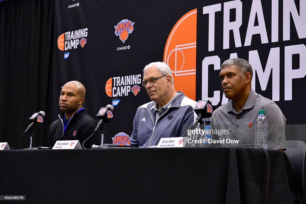 The New York Knicks Host Press Conference with Head Coach Derek Fisher, Team President Phil Jackson and Team General Manager Steve Mills