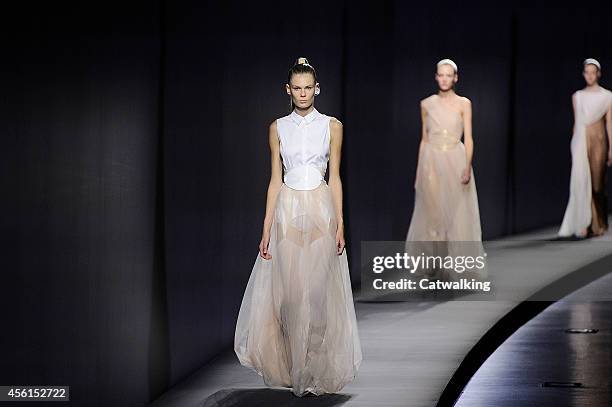 Models walk the runway at the Vionnet Spring Summer 2015 fashion show during Paris Fashion Week on September 24, 2014 in Paris, France.