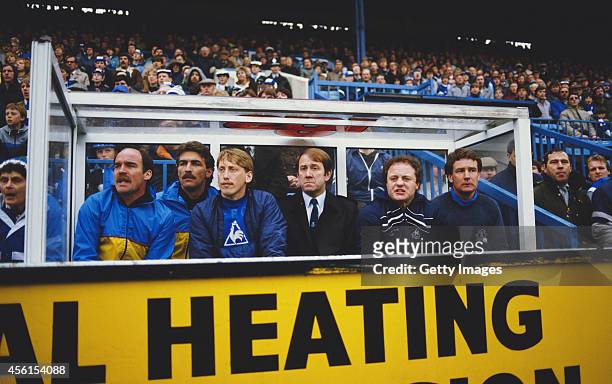 Everton substitute Alan Harper manager Howard Kendall and assistant Colin Harvey look on during a 1-0 Everton victory against Sheffield Wednesday in...
