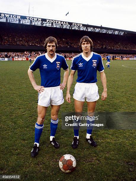 Ipswich Town's Dutch International players Frans Thijssen and Arnold Muhren pose during the warm up before the UEFA Cup Final first leg between...