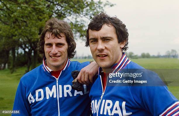 England and Liverpool team mates Ray Clemence and Ray Kennedy pictured at an England training session circa 1977.