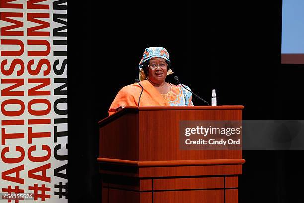 Former president of Malawi Dr. Joyce Banda speaks onstage at the Global Citizen Festival - The Action Summit 2014 on September 26, 2014 in New York...