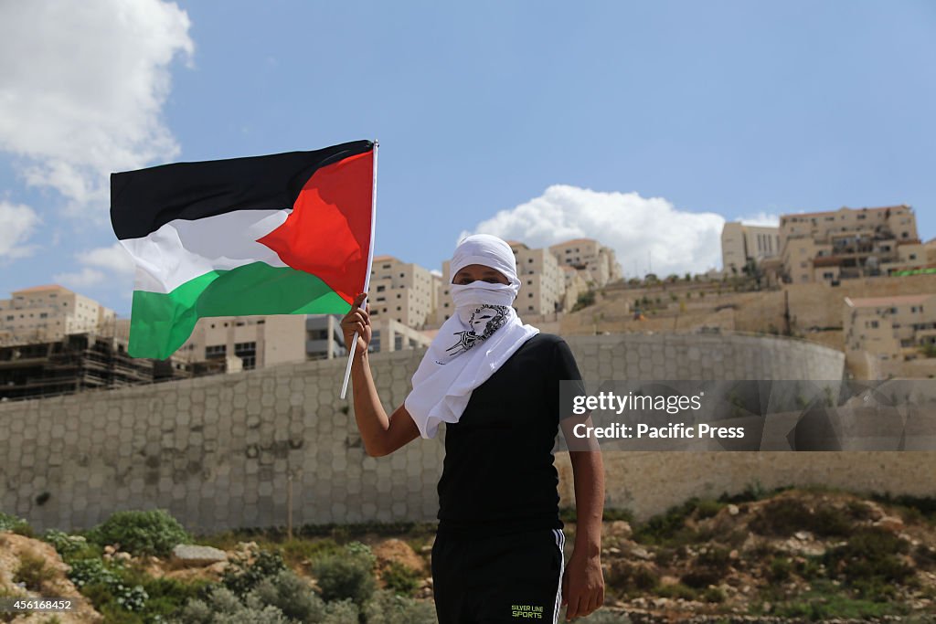 A Palestinian boy holds a Palestineian national flag as he...