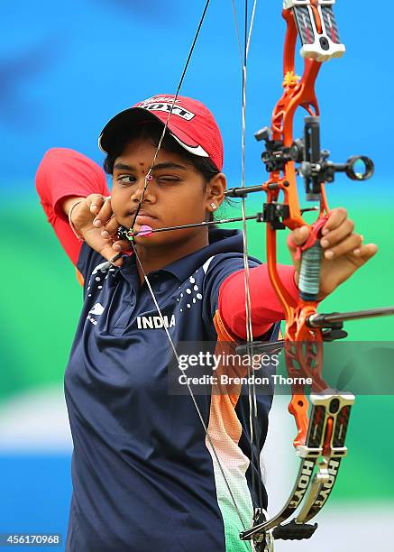 Jyothi Surekha Vennam of India competes in the Compound Women's Team Bronze Medal Match during day eight of the 2014 Asian Games at Gyeyang Asiad...