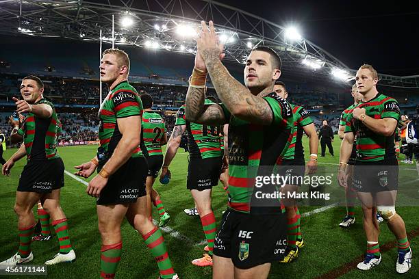 Adam Reynolds of the Rabbitohs celebrates victory at the end of the First Preliminary Final match between the South Sydney Rabbitohs and the Sydney...