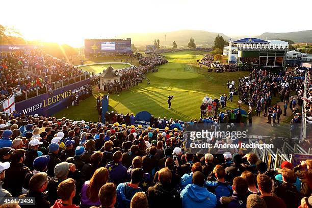 General view as Jim Furyk of the United States tees off on the 1st hole during the Morning Fourballs of the 2014 Ryder Cup on the PGA Centenary...
