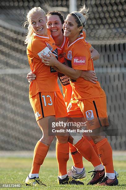 Hayley Raso of the Roar celebrates scoring a goal with team mates during the round three W-League match between the Brisbane Roar and the Newcastle...