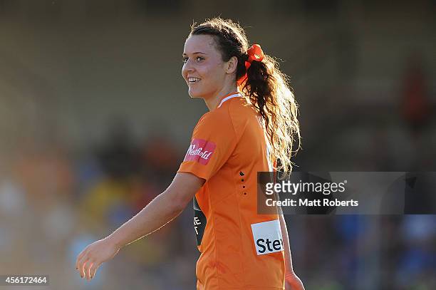 Hayley Raso of the Roar celebrates scoring a goal during the round three W-League match between the Brisbane Roar and the Newcastle Jets at Perry...