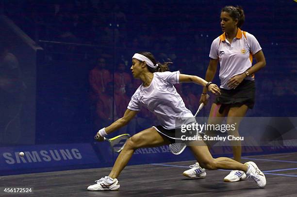 Nicol David of Malaysia and Rebecca Palllikal Dipika of India competes during Squash Womens Team Final during day eight of the 2014 Asian Games at...