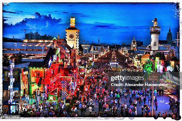 General view of the Theresienwiese on the first evening on the opening day of the 2014 Oktoberfest at Theresienwiese on September 20, 2014 in Munich,...