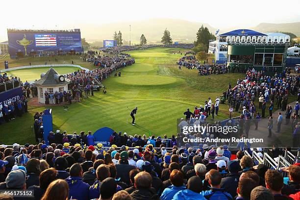 Jordan Speith of the United States tees off on the 1st during the Morning Fourballs of the 2014 Ryder Cup on the PGA Centenary course at the...