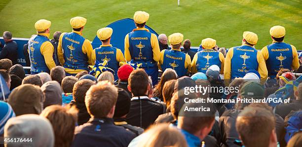 The "Guardians of the Cup" in the grandstands on the first tee during the fourball matches for the 40th Ryder Cup at Gleneagles, on September 27,...