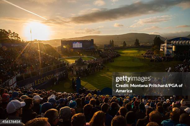 Jim Furyk of the United States hits his tee shot on the first tee during the fourball matches for the 40th Ryder Cup at Gleneagles, on September 27,...