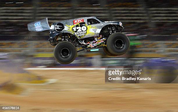 Marc McDonald representing the Big Bash League goes over the jump during Monster Jam at Queensland Sport and Athletics Centre on September 27, 2014...