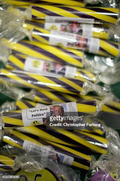 Sticks of rock with a picture of UKIP leader Nigel Farage are displayed on the second day of the UKIP party conference at Doncaster Racecourse on...