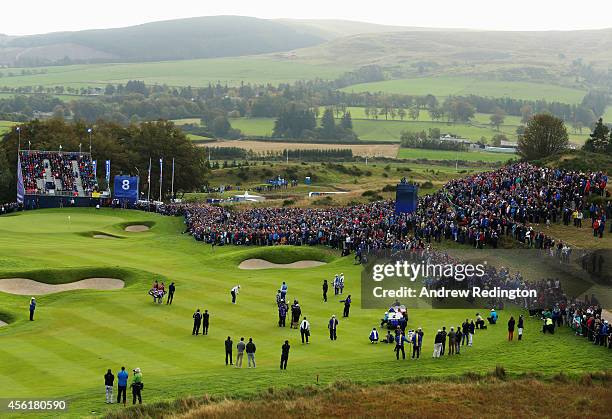 General view as Justin Rose of Europe plays his second shot on the 8th hole during the Morning Fourballs of the 2014 Ryder Cup on the PGA Centenary...