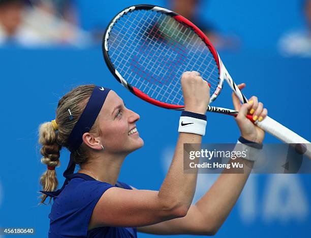 Petra Kvitova of Czech Republic celebrates after won the final match against Eugenie Bouchard of Canada on day seven of 2014 Dongfeng Motor Wuhan...