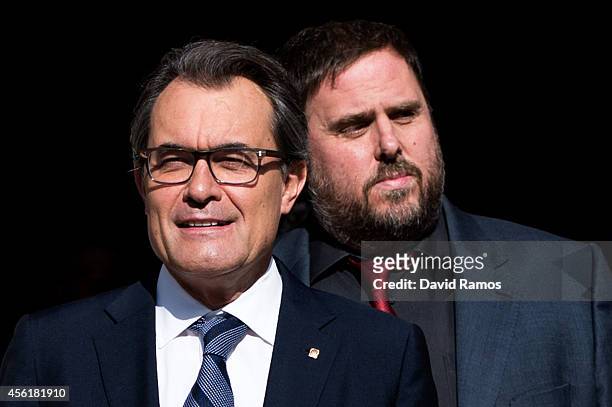 President of Catalonia Artur Mas leaves the Palau de la Generalitat, the Catalan government building, next to the Leader of the Pro-Independence...