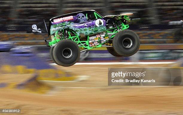 Charlie Pauken of Grave Digger of Monster Energy goes over the jump during Monster Jam at Queensland Sport and Athletics Centre on September 27, 2014...