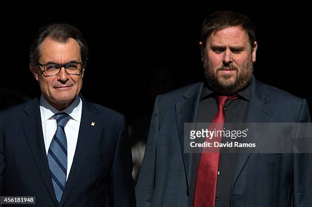 President of Catalonia Artur Mas leaves the Palau de la Generalitat, the Catalan government building, next to the Leader of the Pro-Independence...