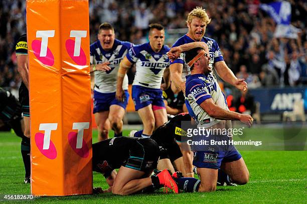Dale Finucane of the Bulldogs celebrates scoring a try during the NRL Second Preliminary Final match between the Penrith Panthers and the Canterbury...