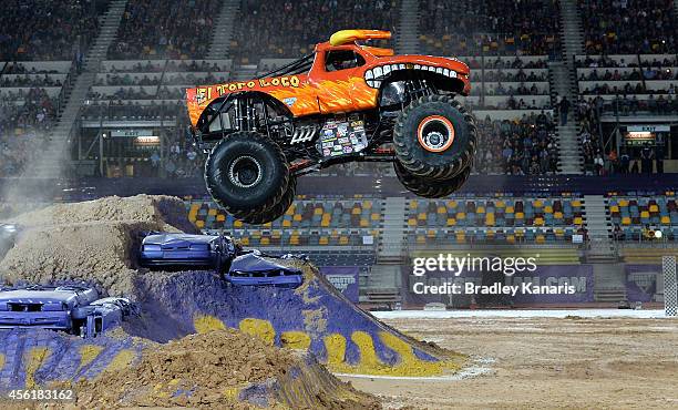 El Toro Loco launches over the jump during Monster Jam at Queensland Sport and Athletics Centre on September 27, 2014 in Brisbane, Australia.