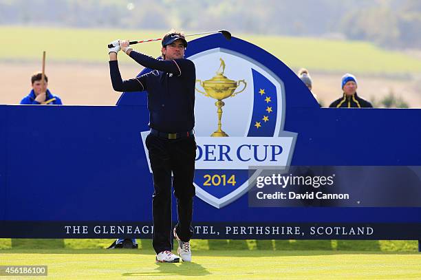 Bubba Watson of the United States tees off from the 14th hole during the Morning Fourballs of the 2014 Ryder Cup on the PGA Centenary course at the...