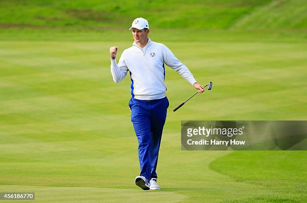 Justin Rose of Europe celebrates after a shot during the Morning Fourballs of the 2014 Ryder Cup on the PGA Centenary course at the Gleneagles Hotel...