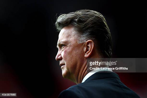 Manager Louis van Gaal of Manchester United looks on before the Barclays Premier League match between Manchester United and West Ham United at Old...
