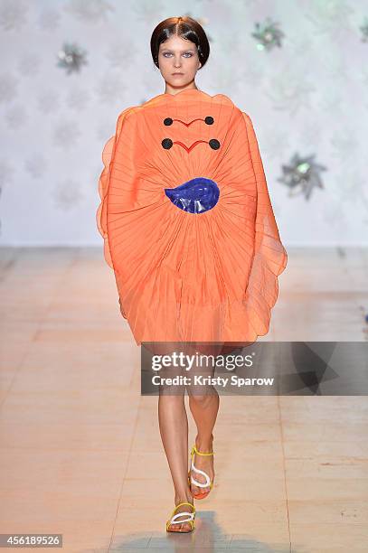 Model walks the runway during the Tsumori Chisato show as part of Paris Fashion Week Womenswear Spring/Summer 2015 on September 27, 2014 in Paris,...