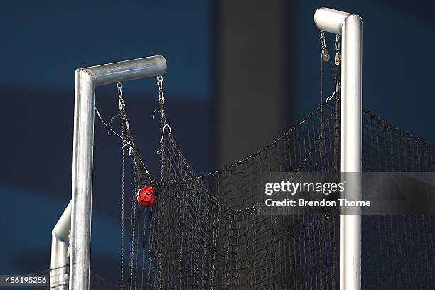 Hammer is lodged at the top of the safety netting in the Men's Hammer Throw Final during day eight of the 2014 Asian Games at Incheon Asiad Main...