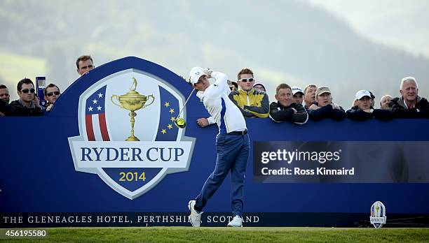 Rory McIlroy of Europe tees off during the Morning Fourballs of the 2014 Ryder Cup on the PGA Centenary course at the Gleneagles Hotel on September...