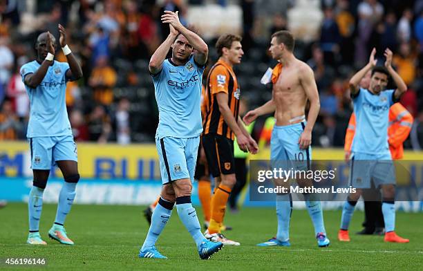 Frank Lampard of Manchester City thanks the fans after the Barclays Premier League match between Hull City and Manchester City at KC Stadium on...