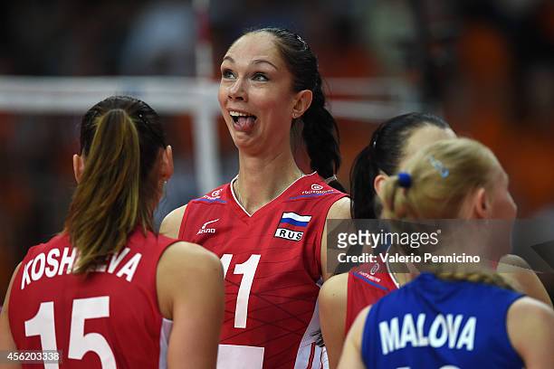 Ekaterina Gamova of Russia reacts during the FIVB Women's World Championship pool C match between Russia and Netherlands on September 27, 2014 in...