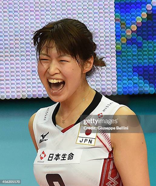 Saori Kimura of Japan celebrates the victory after the FIVB Women's World Championship pool D match between Japan AND Puerto Rico on September 27,...