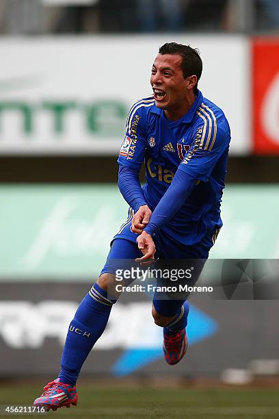 Sebastian Ubilla of U de Chile celebrates his team's second goal during a match between Audax Italiano and U de Chile as part of ninth round of...