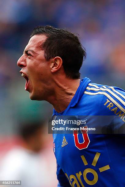 Sebastian Ubilla of U de Chile celebrates his team's second goal during a match between Audax Italiano and U de Chile as part of ninth round of...