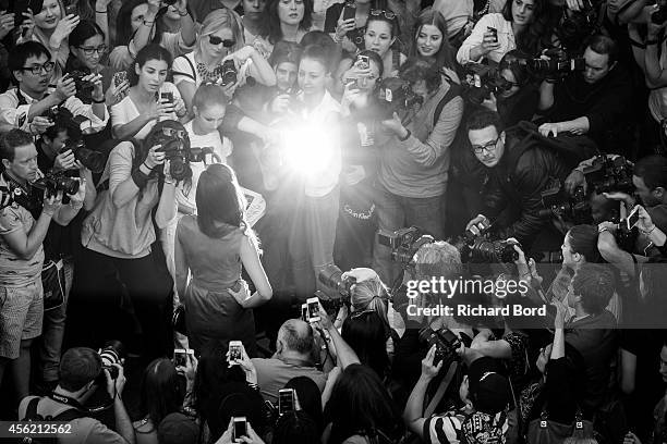 Guest arrives at the Jean Paul Gaultier show as part of the Paris Fashion Week Womenswear Spring/Summer 2015 on September 27, 2014 at the Grand Rex...
