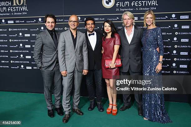 Karl Spoerri, Christoph Maria Herbst, Elyas M'Barek, Cosma Shiva Hagen, Detlev Buck and Nadja Schildknecht attend the 'Maennerhort' Green Carpet...