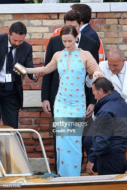 Emily Blunt attends the wedding party for the wedding of George Clooney and Amal Alamuddin on September 27, 2014 in Venice, Italy. George Clooney is...